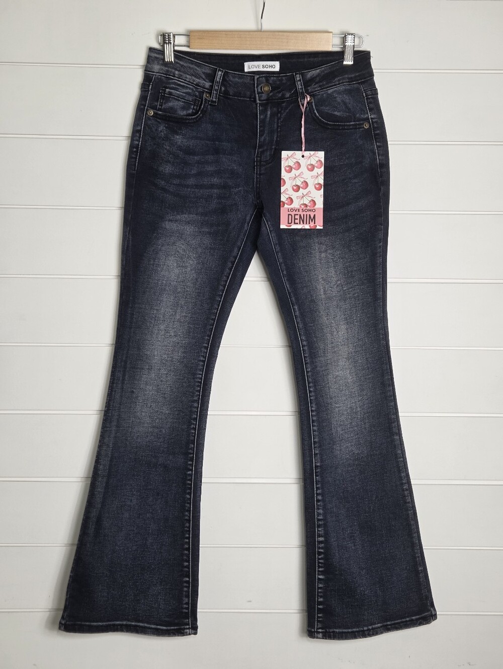 Love Soho Dark Blue Flare Jeans - Low Rise Stretch Size 5 NEW